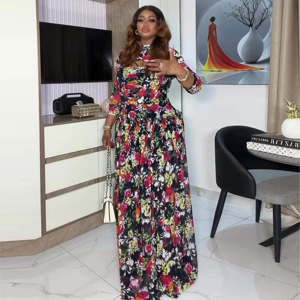 European and American Women's Clothing Summer African New Celebrity Style Hollow Waist Printing Dress Women