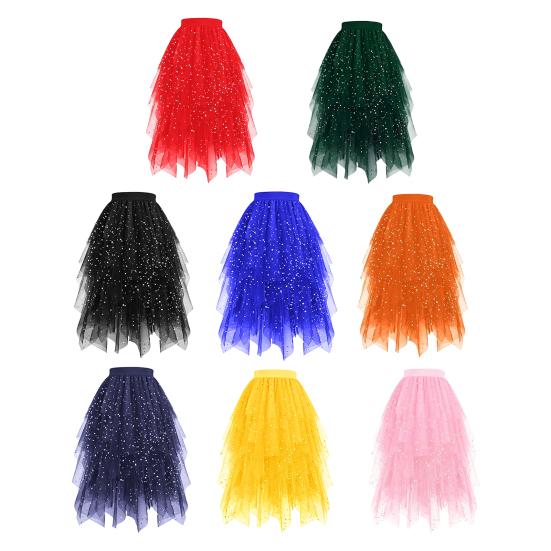 Damenrock Sternenhimmelmuster Doppellagig Mesh Hoher Bund Rock mit unregelmäßigem Saum Asymmetrisch Hoher Schlitz Party Auftrittsrock