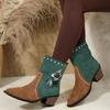 Women's Wide Width Embroidered Cowboy Boots, V-Cut Pointed Toe Ankle Boots, Western Style Chunky Heel Booties for Women