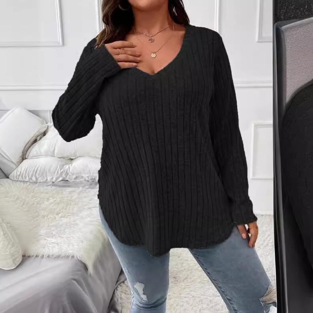 Top informal de punto acanalado vertical de manga larga con cuello en V para mujer, holgado, talla grande