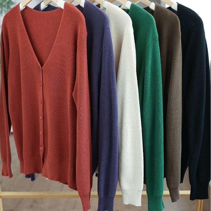 Women's V-Neck Sweater Loose Plus-Size Fashion Solid Color Cardigan Long-Sleeve Temperament Knit Top