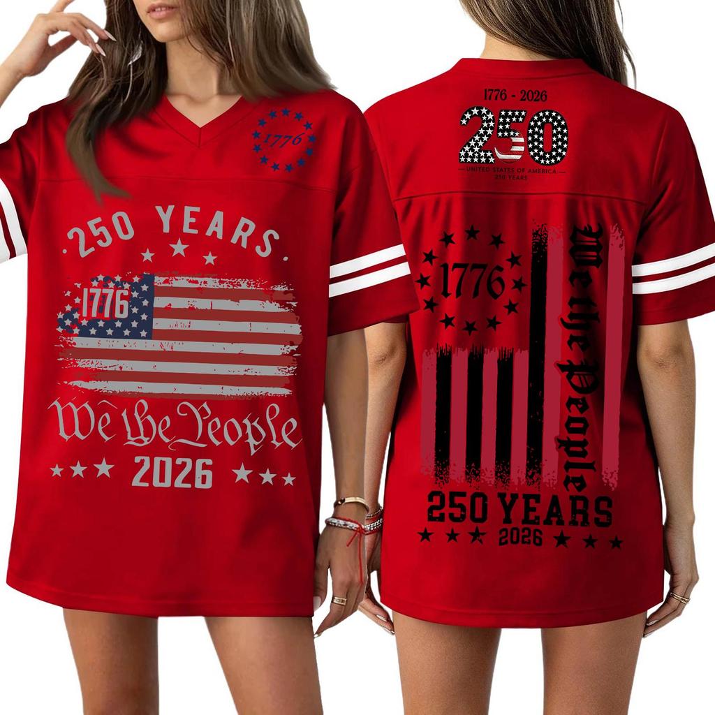 Womens Casual V Neck Jersey Style Short Sleeve Top 250th Anniversary Independence Day Print Loose Fit Sports T Shirt