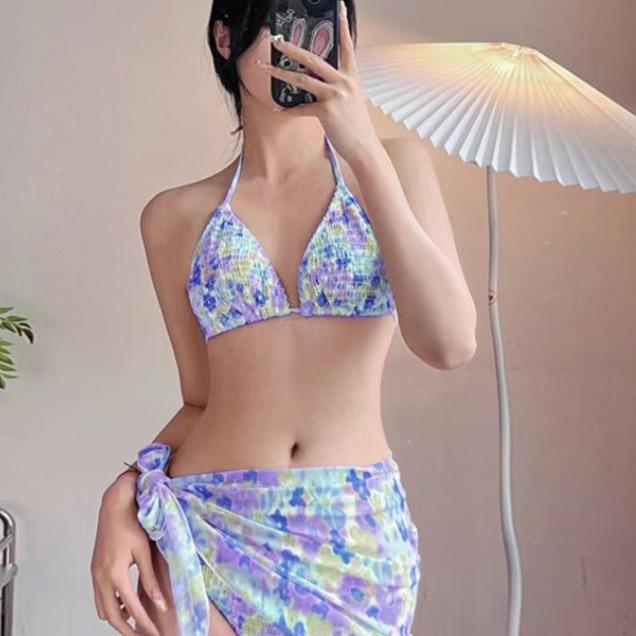 2026 Girl Small Fresh Bikini Sexy Small Breasts Gather Fashion Printing Split Skirt Swimsuit Women's Three-piece Set