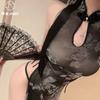 High-quality Flocking New Chinese-style Improved Cheongsam Sexy Perspective High Split Ink Style Sexy Underwear Straps