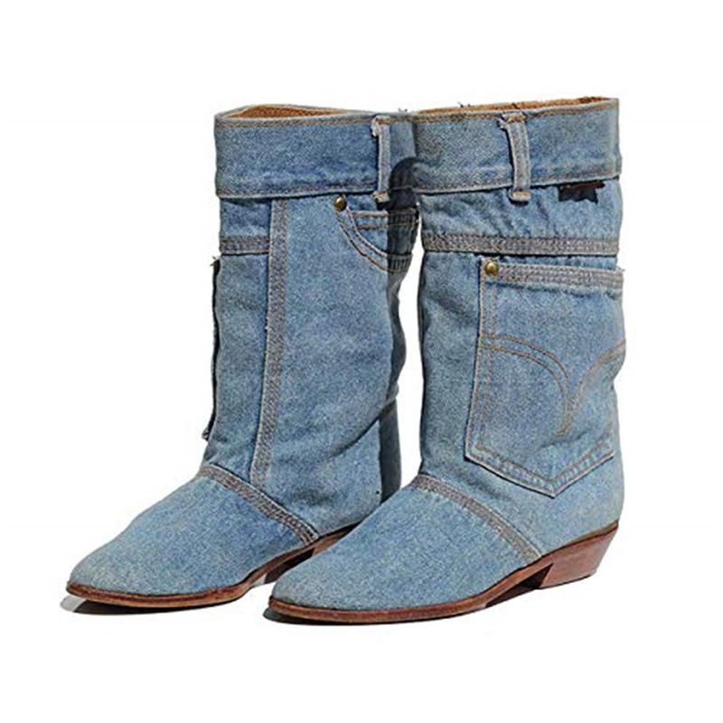 European and American new women's boots mid-waist low-heeled denim casual denim short boots women's autumn and winter denim boots
