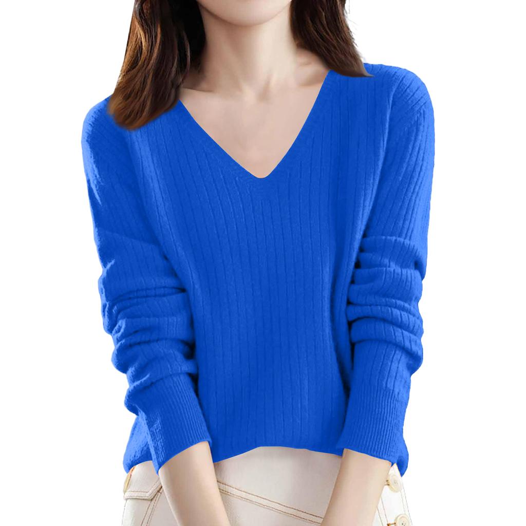 Women's Loose-Fit Knitted Base Layer Sweater V-Neck Pullover Long Sleeves Solid Colour
