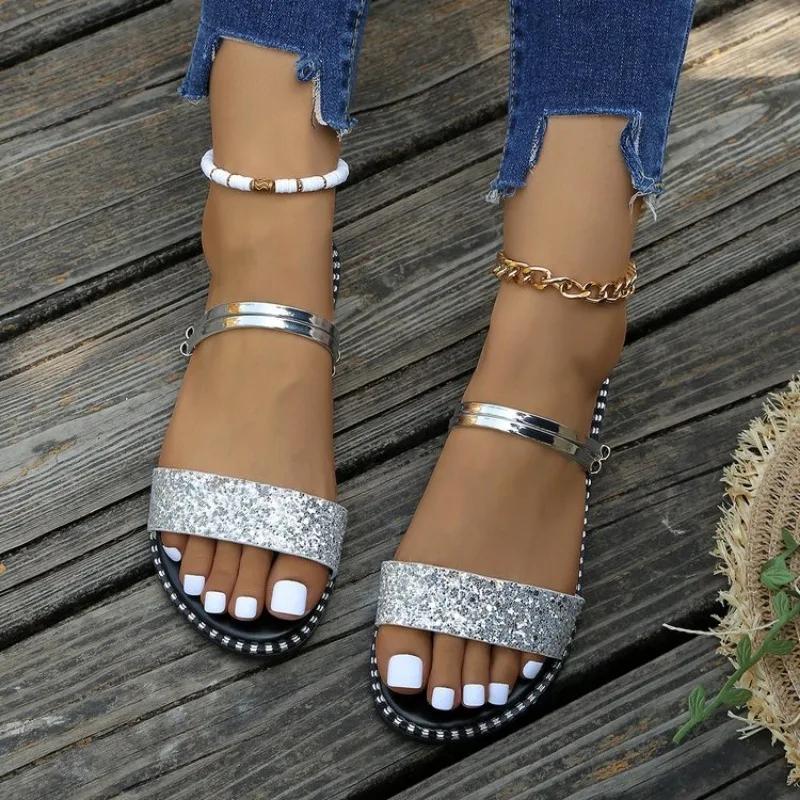 Sandals Women's Flat Bottom 2024 New Summer Soft Sole Versatile and Not Tired Foot One line with Water Diamond Roman Shoes