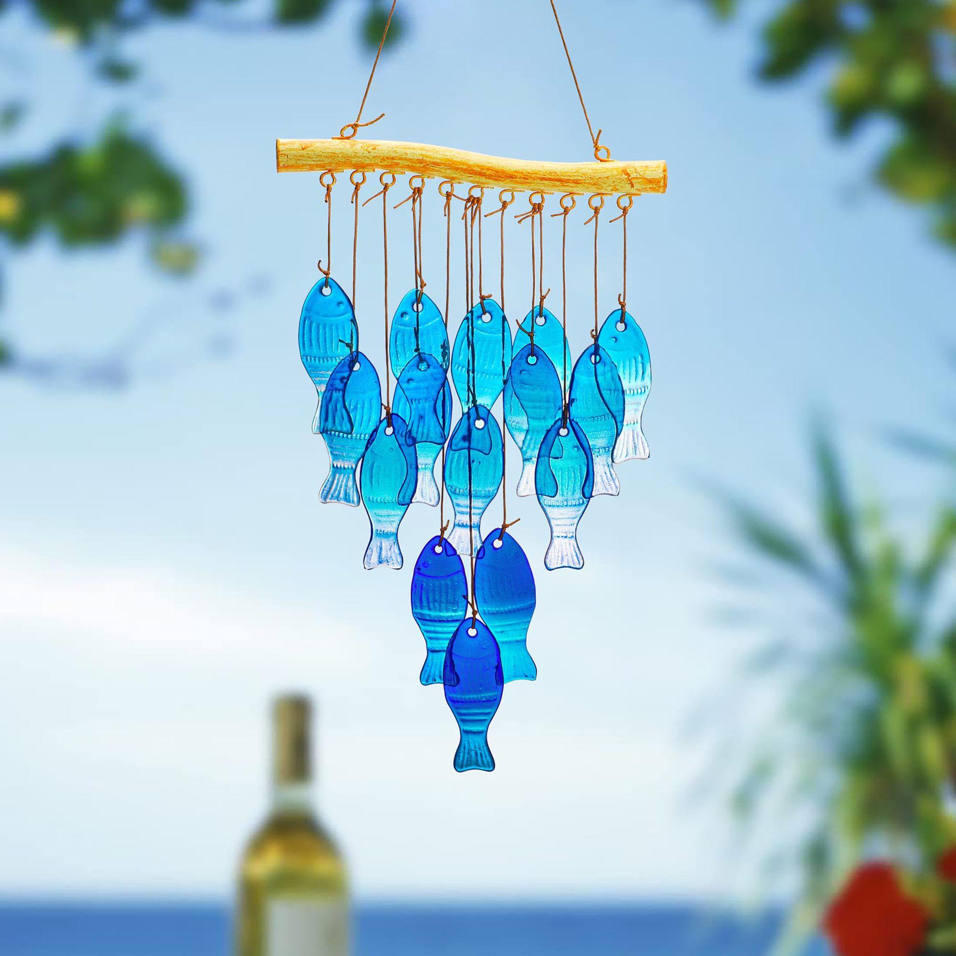 

23Inch Blue Glass Ocean Wind Chime Handmade Fish Design for Outdoor Beach Decor