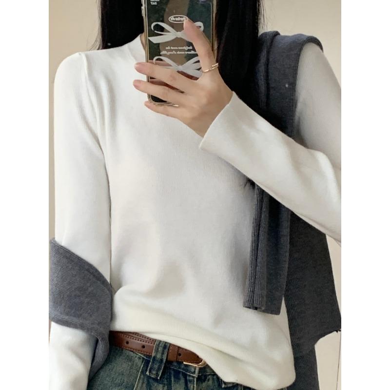 Solid color slim-fitting simple top women's knitted sweater spring, autumn and winter temperament with long-sleeved thin bottoming shirt