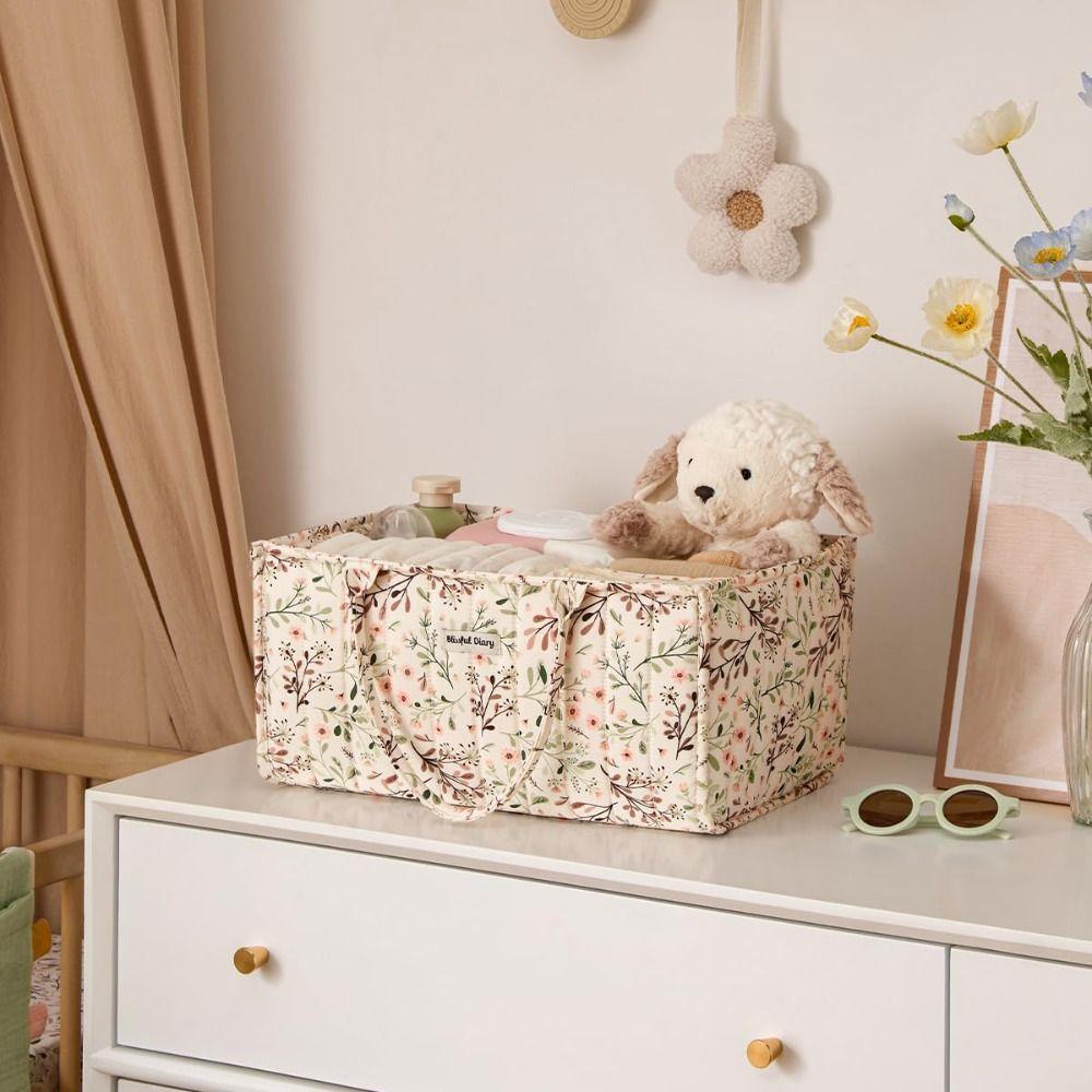 Floral Print Baby Diaper Organizer Bag Folding Large Capacity Diaper Caddies with Handle Mommy Bag for Travel Baby Essentials