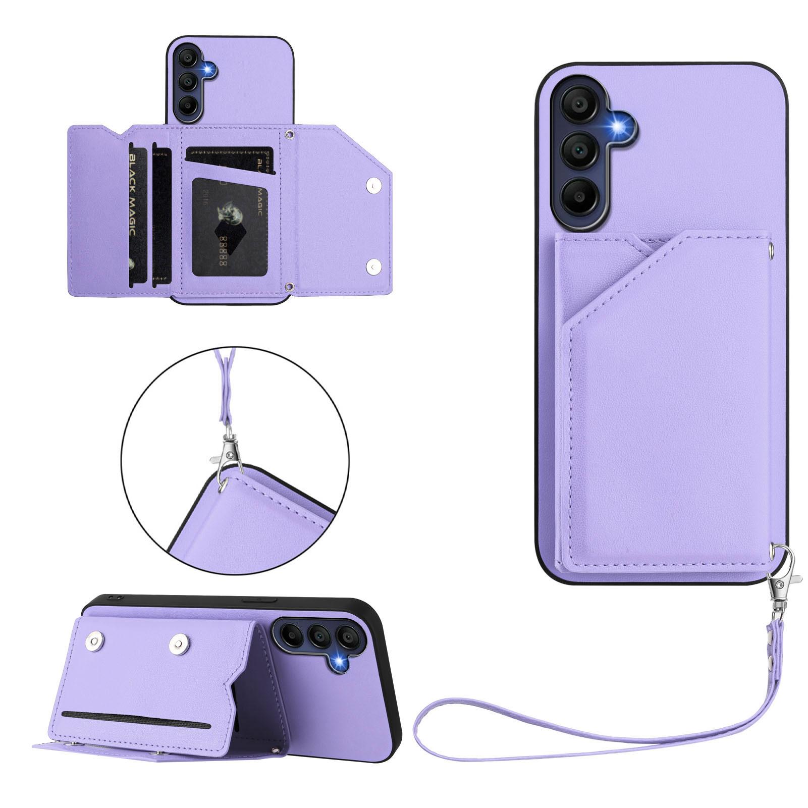 

For Samsung Galaxy A16 4G Case Card Holder Kickstand Skin-Touch Phone Cover with Wrist Strap Light Purple