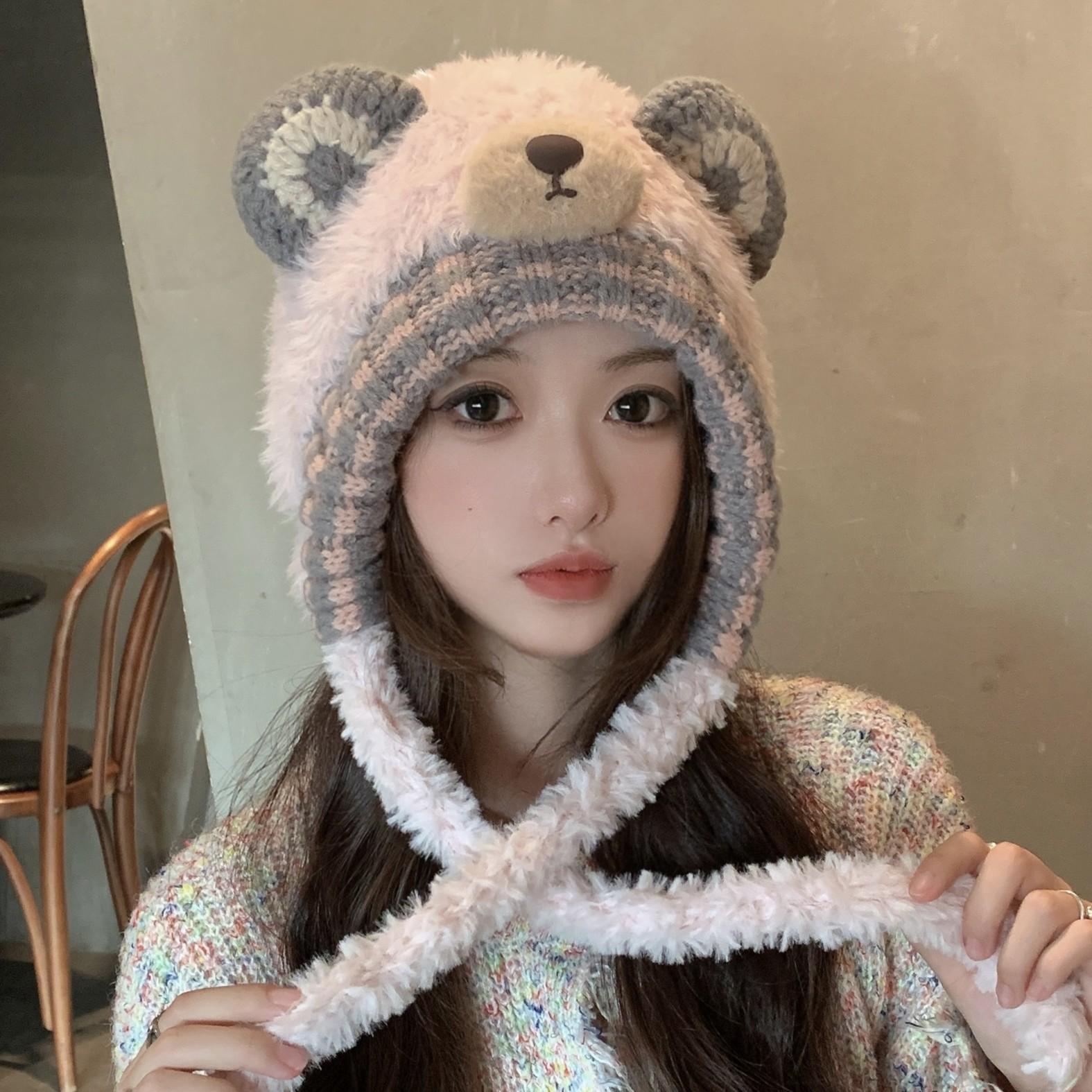 

Женская осенне-зимняя вязаная шапка-бини с плюшевым мишкой - теплая защита ушей для модного уличного стиля розовый