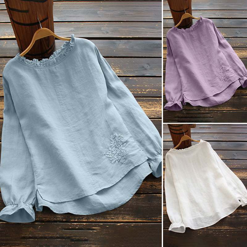 Fashion Embroidered Shirt for Women's Autumn Casual Round Neck Long Sleeved Ruffled Women's Blouses & Shirts Top