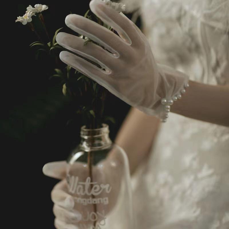 Wedding Dress Short Gloves Pearl Photo Photography Simple Bridal Wedding Gloves