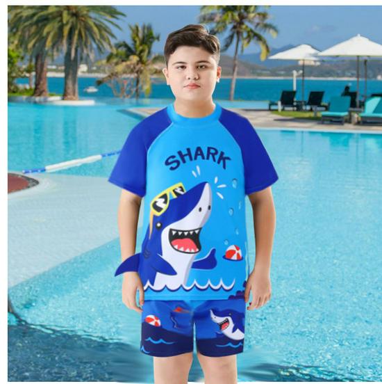 Kid's Two-Piece Swimsuit Set with Swim Cap - Short Sleeve for Boys