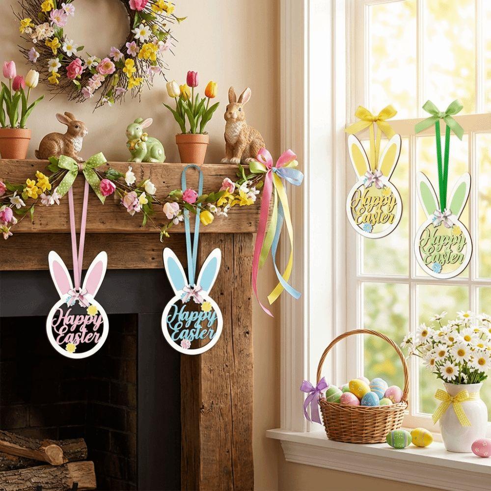 Flat Easter Bunny Pendant with Bows String Hanging Flower Bunny Easter Tree Decor  Home Party Decor