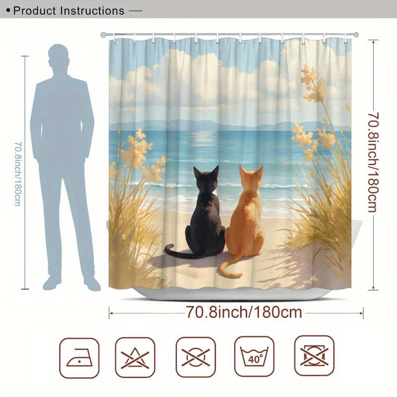 1pc Tranquil Ocean & Cat Scene Shower Curtain - Soft Polyester, Realistic Beach & Cats Design, Cat Shower Curtain