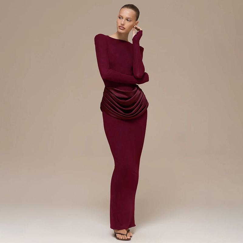 

Elegant Women s Slim-Fit Ruched Long Dress - Autumn/Winter Collection Medium вино красного