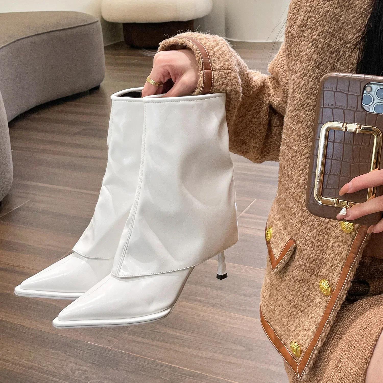 

Женские ботильоны, черные, бежевые, коричневые, женские короткие ботинки из кожи из микрофибры, зимние женские ботинки на высоком каблуке с острым носком на шпильке 35 бежевый