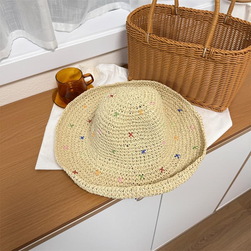

Ladies Multicolored Hollow Woven Straw Hat With A Large Brim, Fashionable Seaside Beach Vacation Sun Protection Fisherman Hat бежевий