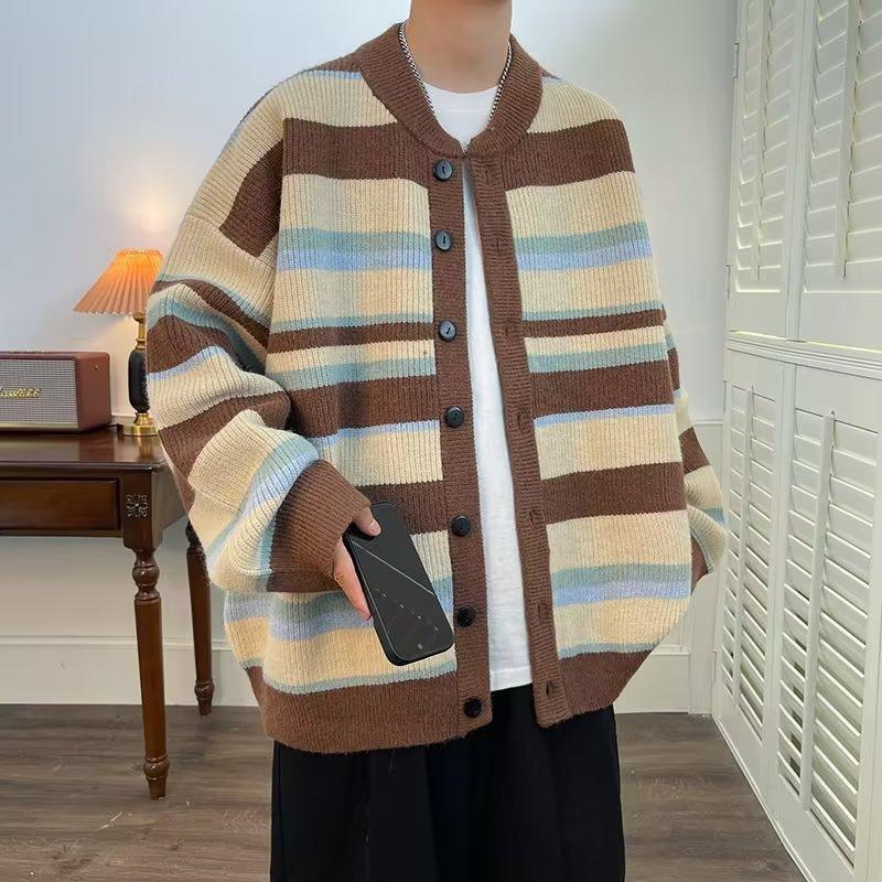Japanese lazy retro striped sweater men's and women's coats autumn and winter 2025 new loose knitted cardigan top