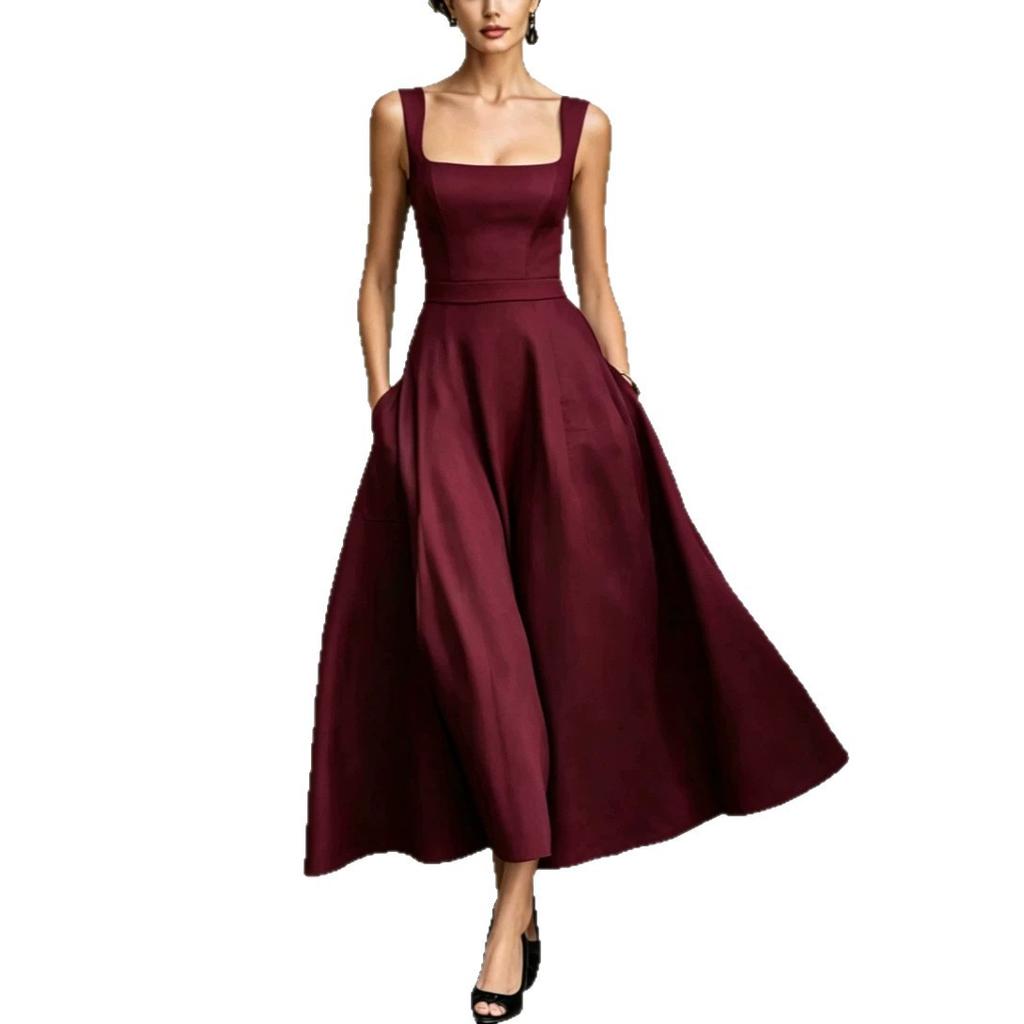 Summer new European and American women's clothing temperament square collar sleeveless waist suspender dress women