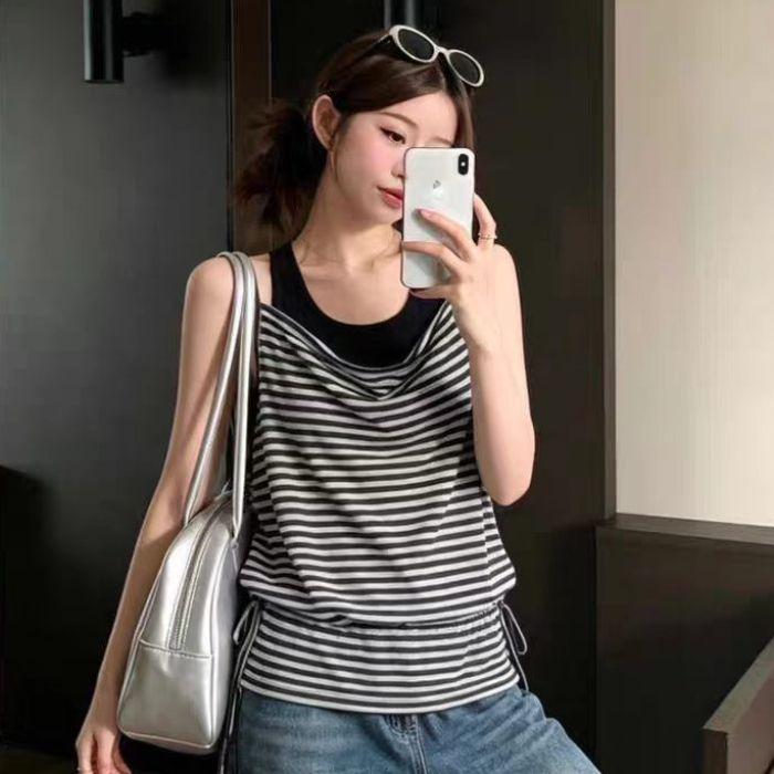 American retro striped swing neck sling vest women's summer Korean relaxation stacked waist thin meat cover top