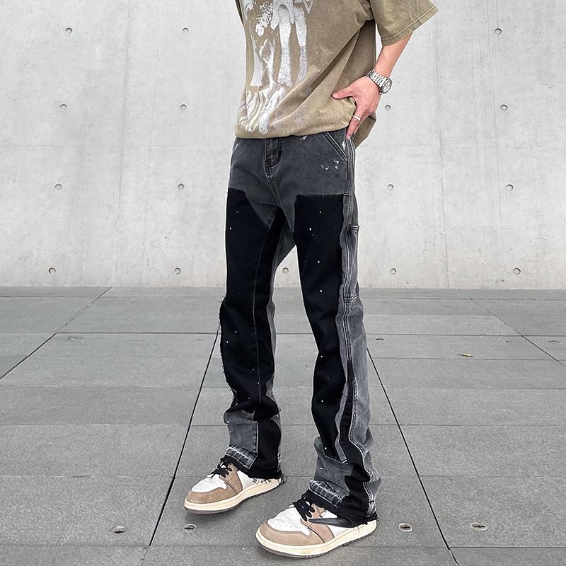 Pánské retro high-streetové rozšířené džíny s barevným blokováním a distressed úpravou