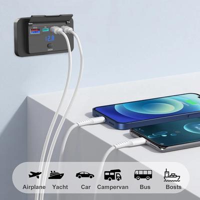 Three PD & QC 3.0 USB Car Charger 12V RV USB Outlet Panel with Switch & Voltmeter Fast Charging Socket Accessories for Car Bus