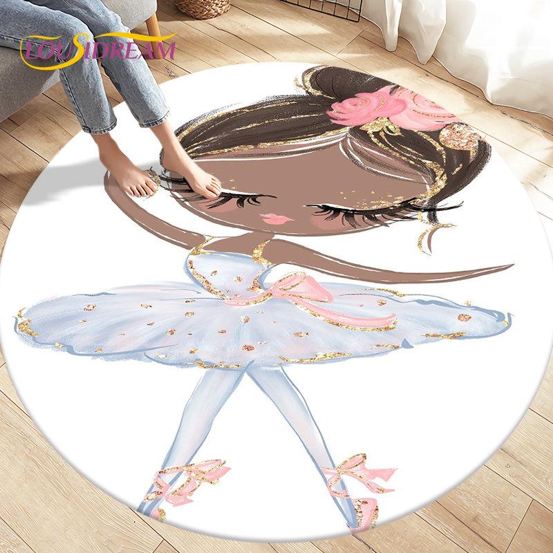 Cute Ballet Girl Ballerina Cartoon Round Area Rug,Carpet for Living Room Bedroom Sofa Playroom Decor,kid Play Non-slip Floor Mat