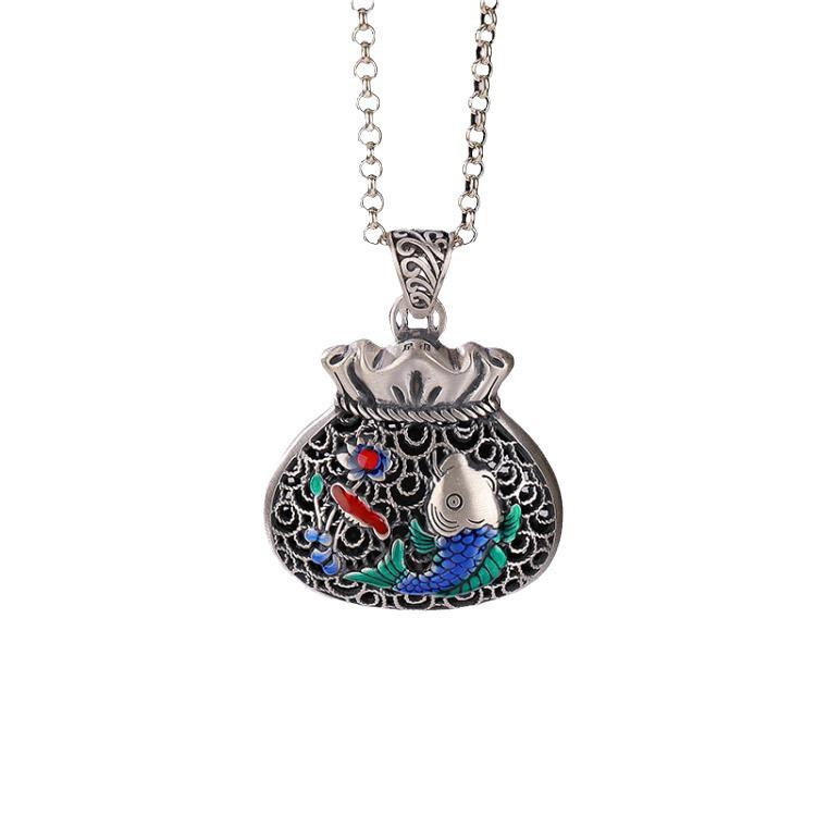 S990 Sterling Silver Cloisonné Carp Pendant Necklace, Enamel Hollow Carved Money Bag Design for Women.