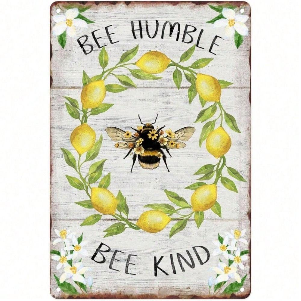Metal Poster Bee Lemon Retro Wall Art for Kitchen