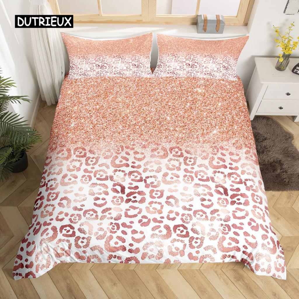 Leopard Print Duvet Cover Set Queen Size Red Floral Petal Pattern Comforter Cover Branches Green Leaf Cheetah Print Quilt Cover