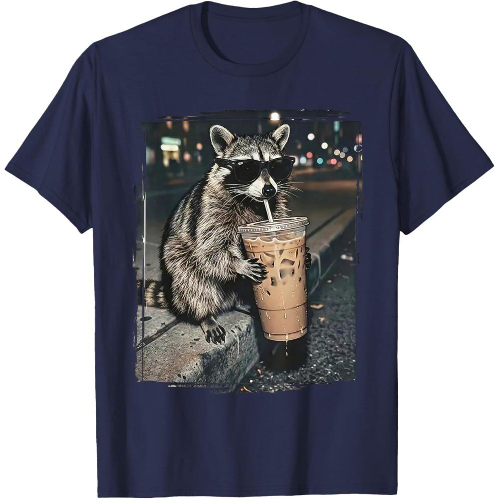 Raccoon Drinking Iced Coffee Funny Animal Meme T-shirt Men and Women Summer Cotton Clothing Short Sleeved Tee