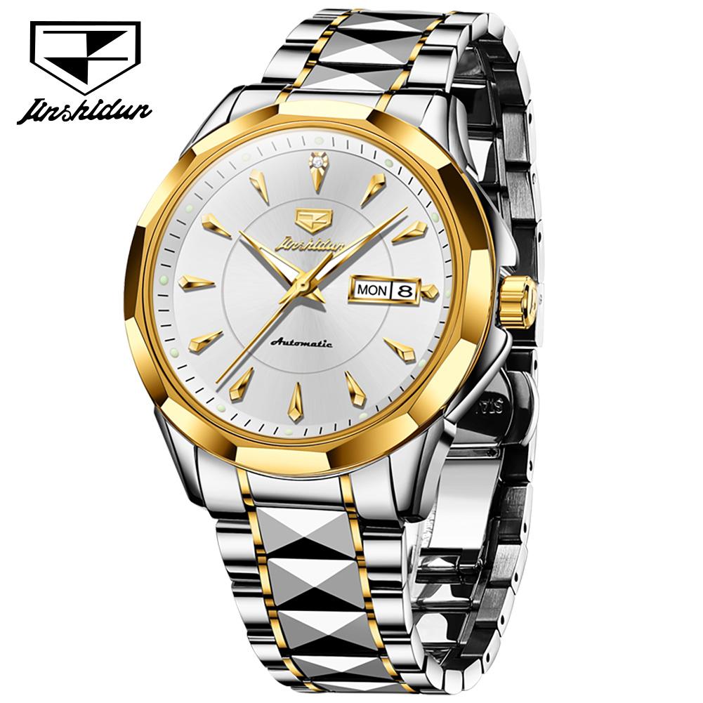 JINSHIDUN New Business and Leisure Men's Watch Automatic Mechanical Watch Tungsten Steel Double Calendar Luminous Waterproof High-end Watch