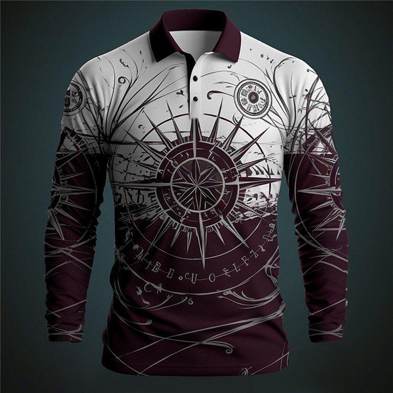 Polo à manches longues avec graphique de boussole vintage, Vêtement de mode décontracté élégant