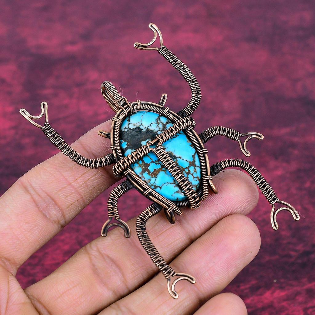 Tibetan Turquoise Pendant Beetle Jewelry Copper Wire Wrapped Gemstone Pendant