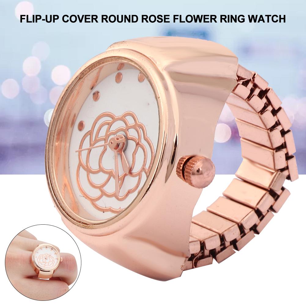 Finger Ring Watch Round Dial Rose Flower Pattern Women Finger Quartz WatchRose Gold