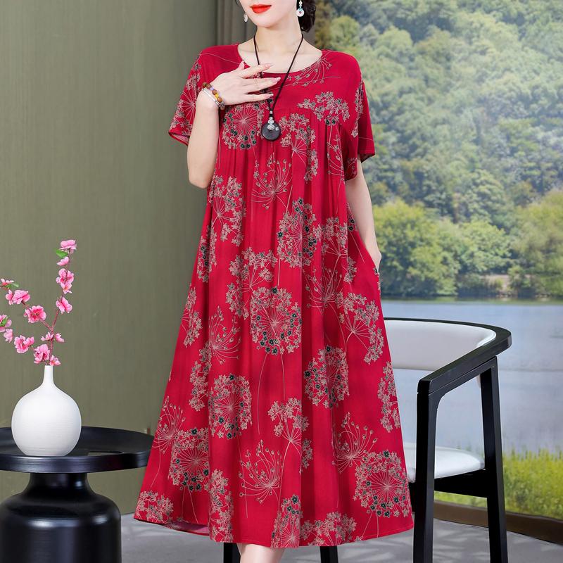 Plus Size Loose Vintage Print Langes Kleid für Damen Lässige Kurzarm-Sommer-Damenkleider