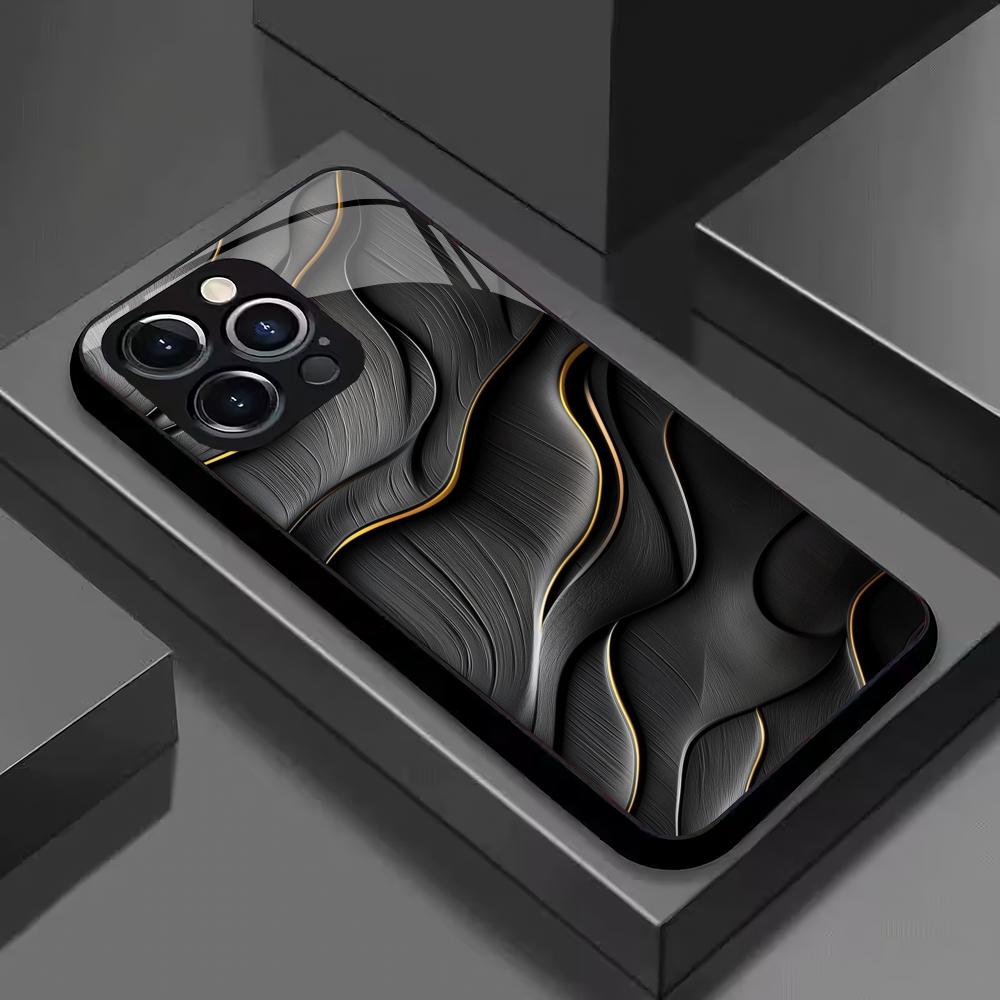 Schwarze strukturierte Muster-Hartglas-Handyhülle geeignet für iPhone 17 16 15 14 13 12 11 Pro/Max/Plus Sturzsichere Rückabdeckung