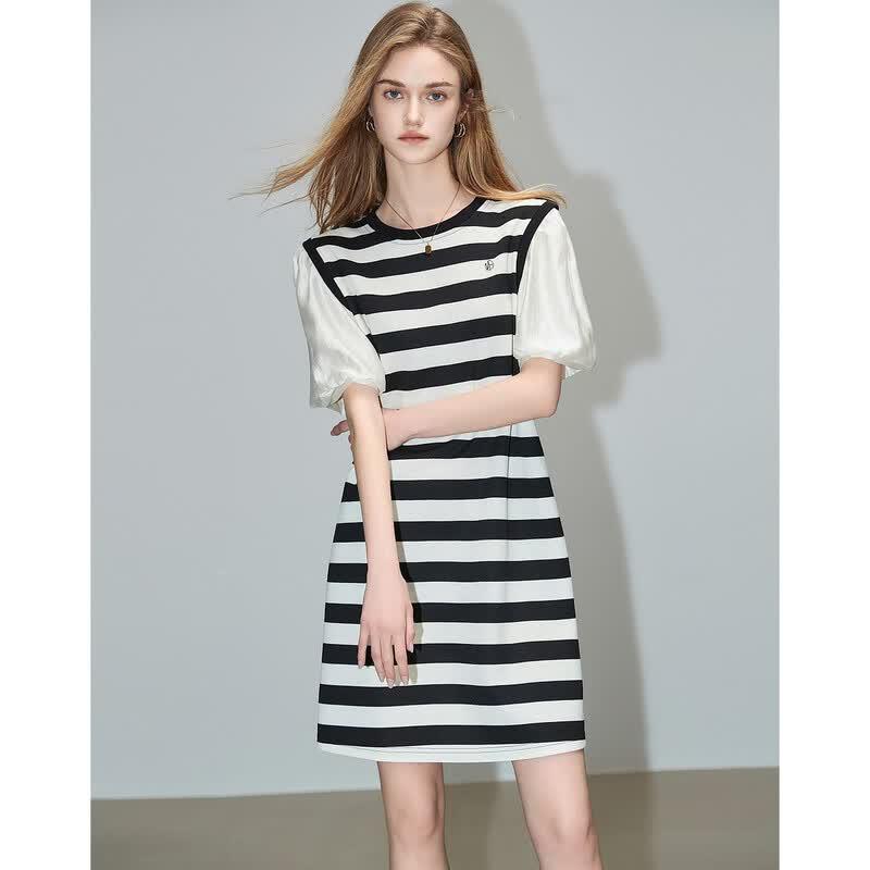 Demana Summer Lyocell Patchwork Striped Round Neck Lantern Sleeve Dress