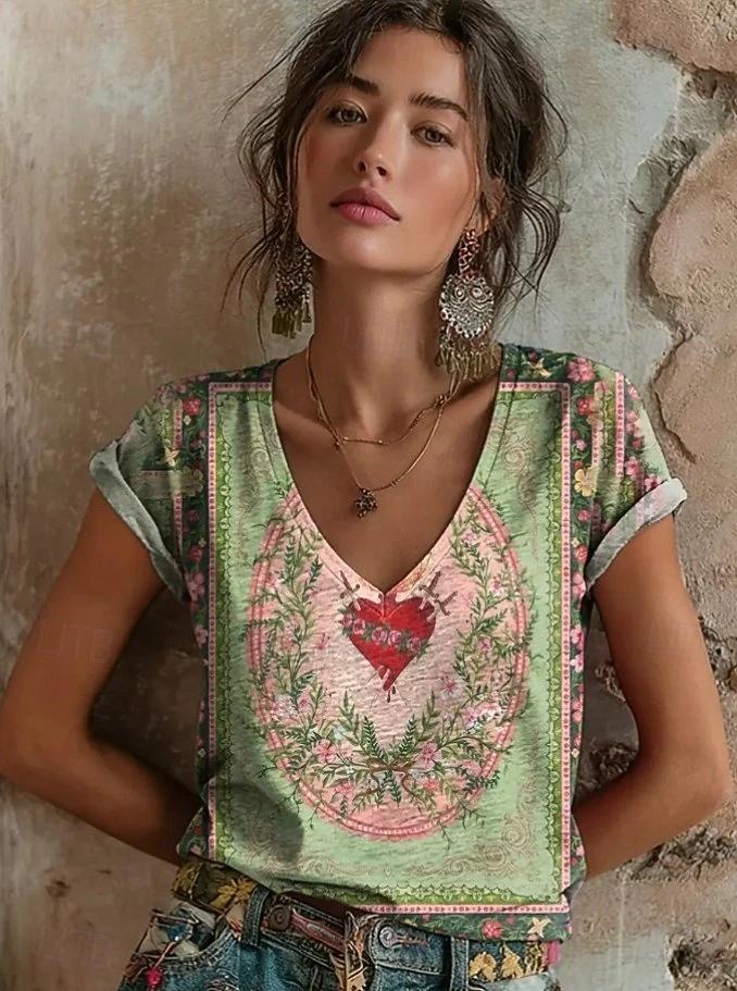 2026 Women's Tops Women's Floral T-Shirt Summer 2026 Short Sleeve Casual Loose Vintage Streetwear Fashion Clothes for Woman