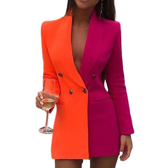 Lapel Long Sleeve Pockets Mid-Length Fashion Blazer Autumn Winter Sequins Contrast Color Stitching