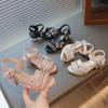 Girls' Summer Sandals with Rhinestone Butterflies, Children's Fashionable High Heels, Versatile Princess Style