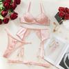 New sexy lingerie with mesh patchwork embroidery floral bra garter belt four-piece set for women