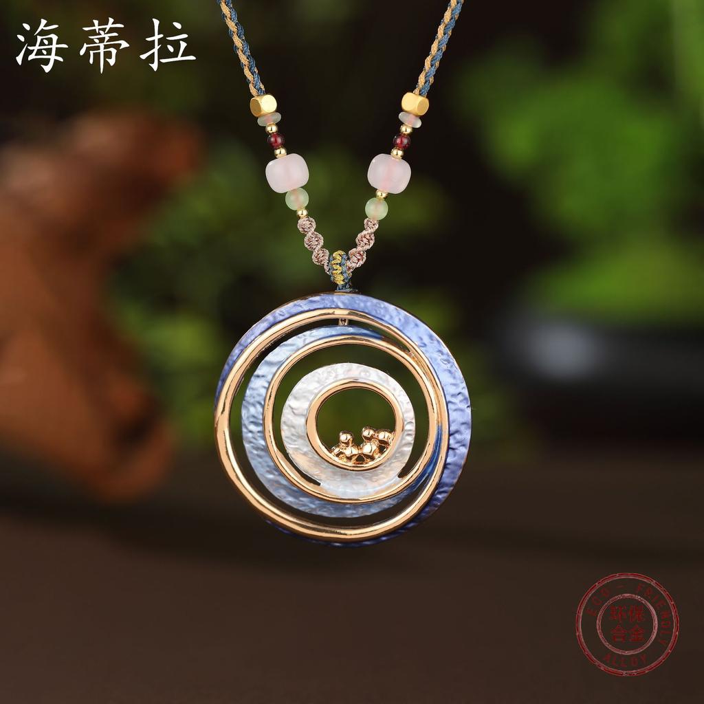 Luxury New Enamel Color Round Hollow Geometric Line Long Pendant, Natural Crystal Beaded Ladies Long Necklace