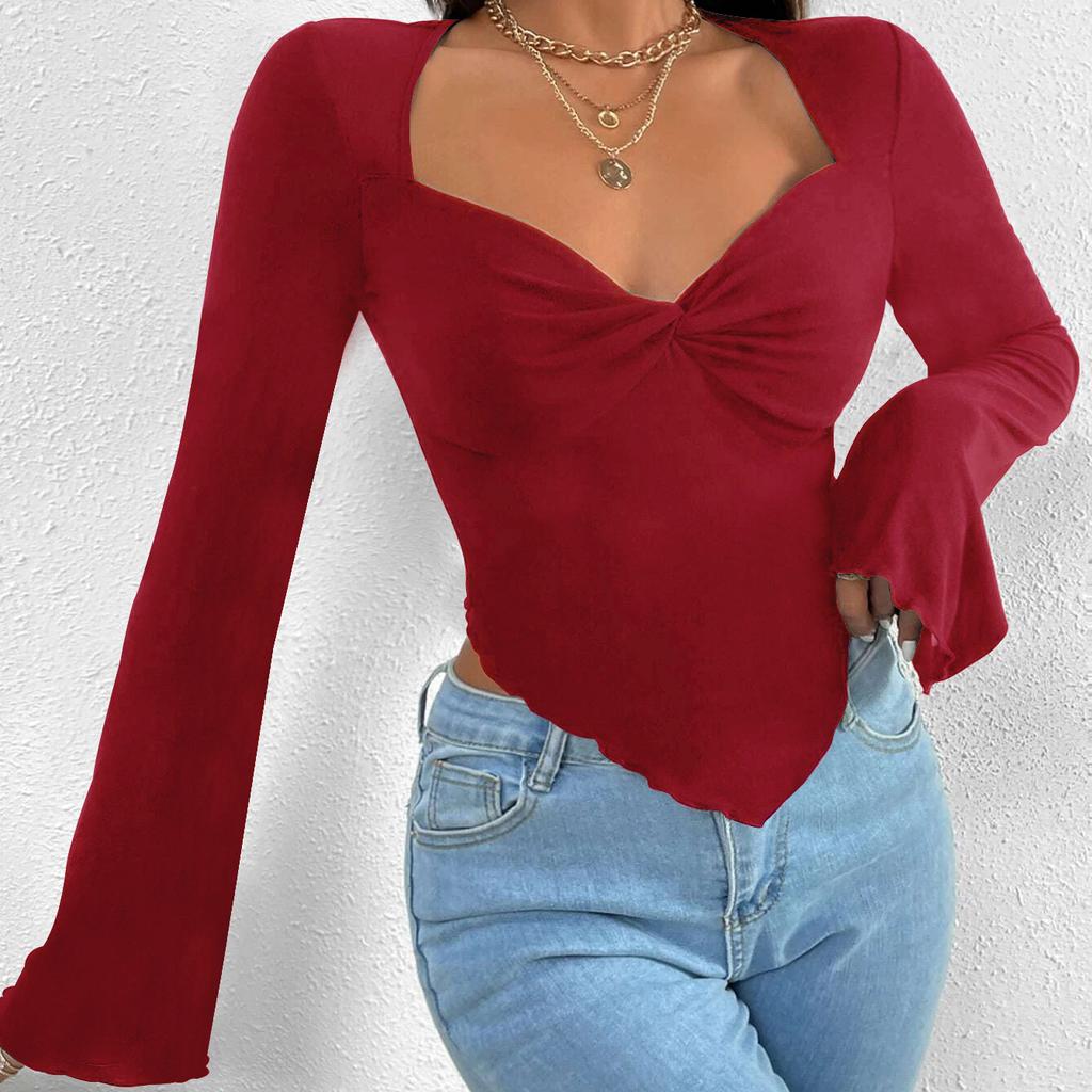 JKAASHDK Damemote Uformelt ensfarget trykk vår høst med lange armer bluser og skjorter med v-hals