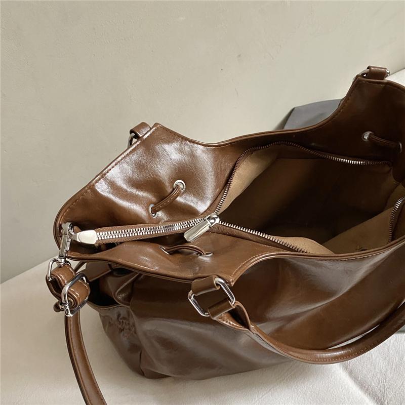 Large Capacity PU Tote Bag Women Fashion Shoulder Bag With Drawstring Detail Soft Texture Handbag Everyday Use