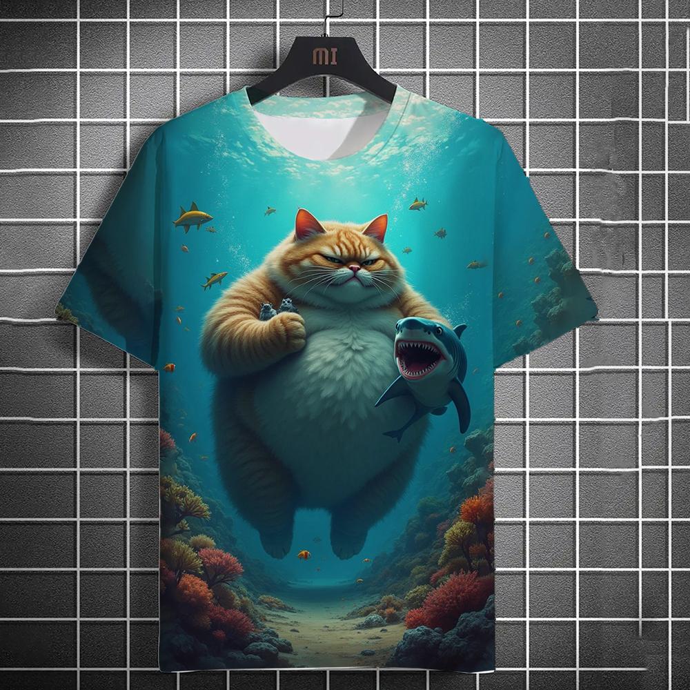 Summer Round Neck Ocean Cat Pattern 3D Print Top Fashionable Casual Short Sleeved Men's T-shirts