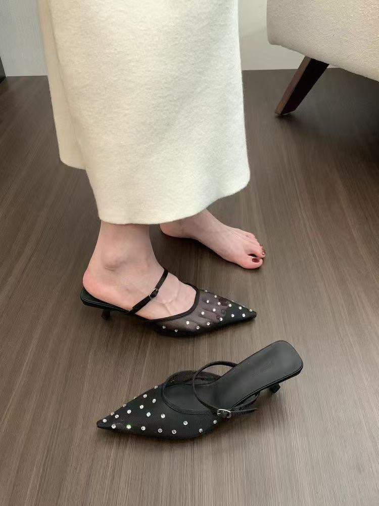 

2025 summer new high-heeled pointed head shallow mouth bag head outer wear mesh yarn breathable rhinestone versatile Muller cool slippers 38 чорний